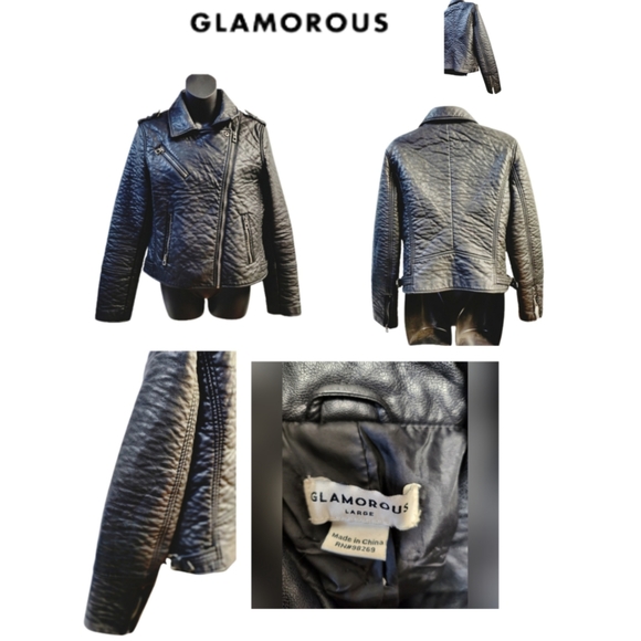 GLAMOROUS Jackets & Blazers - GLAMOROUS QUILTED BLACK FAUX LEATHER MOTORCYCLE JACKET SIZE L
